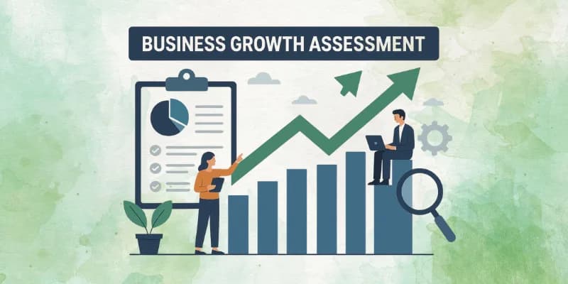 Free business growth assessment tool with scorecard showing leadership operations team culture and financial health analysis