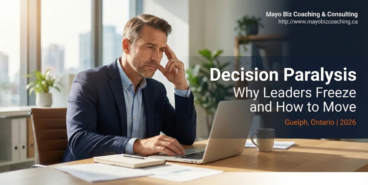 Business leader working through a structured decision-making framework in a coaching session